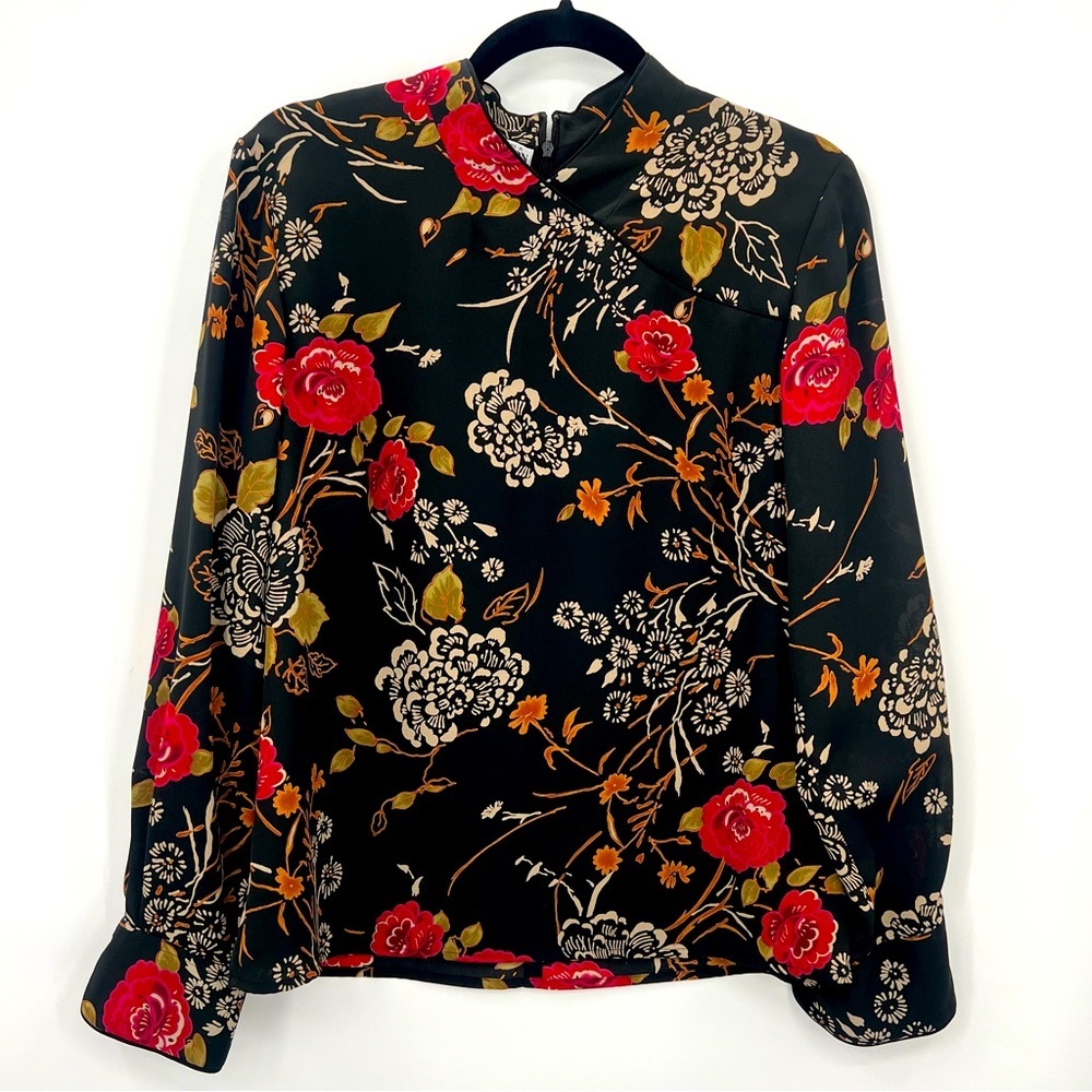 Pendleton Korean Fabric Chinese Asian Floral Black Blouse Top Shirt Size 10 - Picture 4 of 11